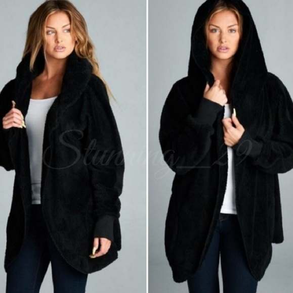 🆕️BLACK PLUSH TEDDY L/S HOODED JACKET - Picture 1 of 3